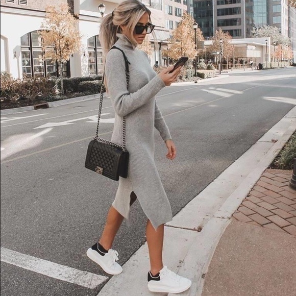 NWT Lulu’s Trendy Blogger Favorite Heather Grey Turtleneck Midi Sweater Dress - Picture 5 of 12